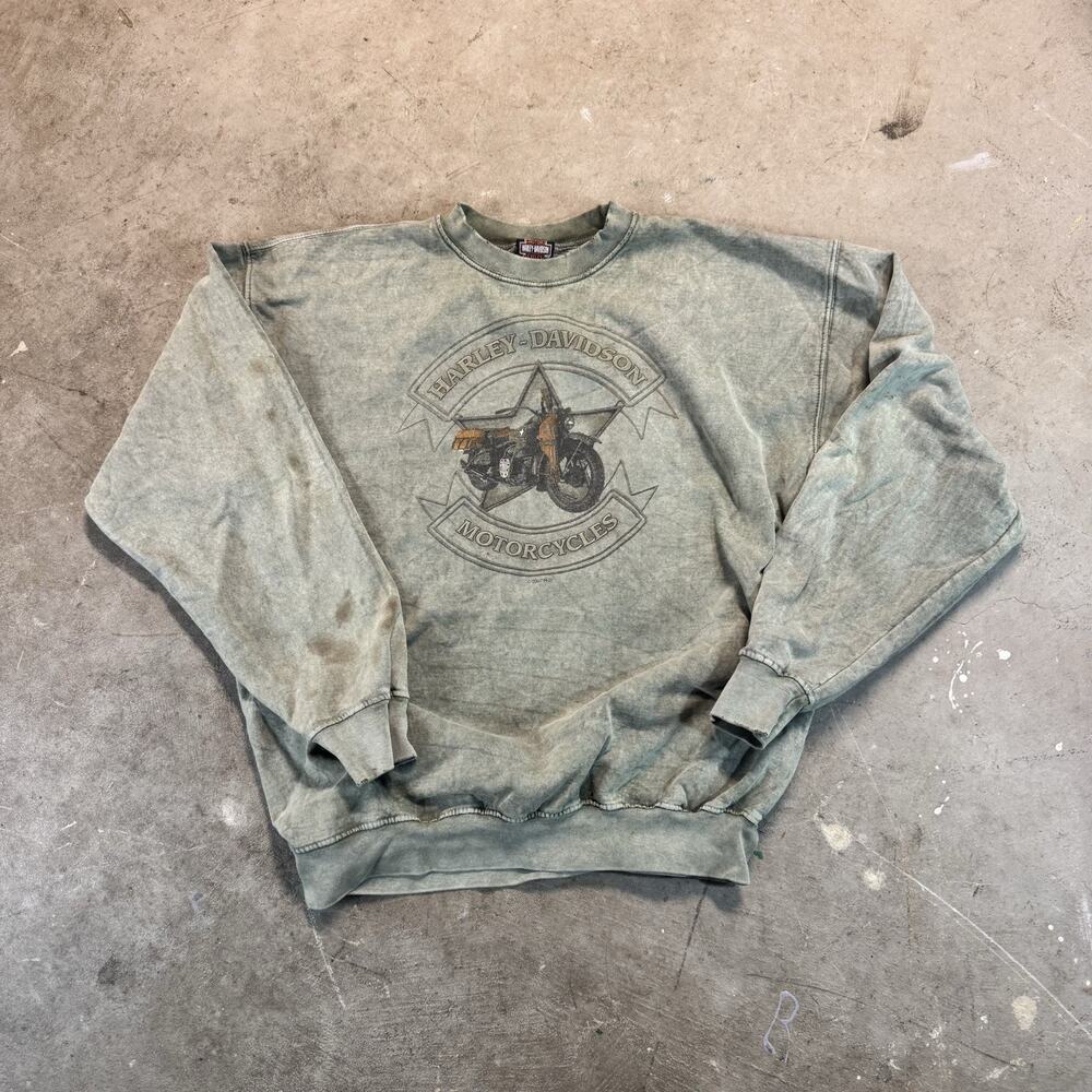 Vintage Harley-Davidson Rhode Island , Olive Green Acid Wash, Distres, oil